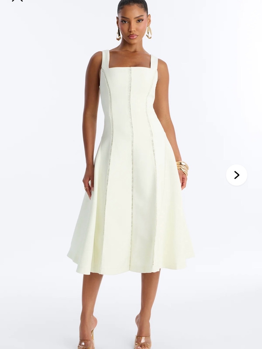 White Square-Neck Midi Dress with lace detailing